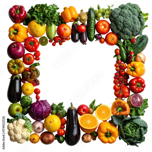 Colorful fruits & veggies frame a blank black square