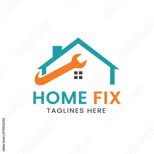 Practical home fix logo featuring a house cleverly integrated with a wrench, signifying repair, maintenance, and handyman services, perfect for contractors, plumbing, electrical, 