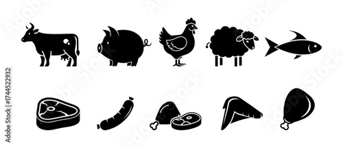 Farm animal and meat products icon set. Cow, pig, chicken, sheep, fish, steak, sausage, and meat cuts silhouette vector illustration.