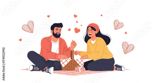 Couple Enjoys Romantic Picnic Outdoors Amidst Floating Hearts Celebrating Togetherness