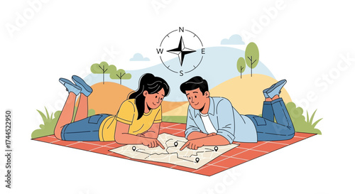 Couple Exploring Map Outdoors, Using Compass, Searching For Adventure And Directions Seamlessly