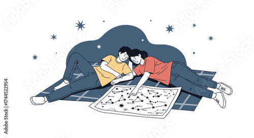 Couple Exploring The Cosmos: A Stargazing And Astrological Map Illustration