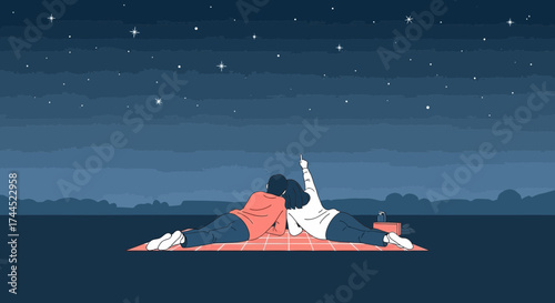 Couple gazing at stars, night sky illustration, romantic scene, together, enjoying love