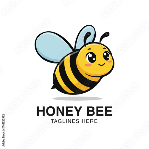 Adorable cartoon honey bee mascot with a cheerful expression, set against a honeycomb pattern, perfect for honey producers, beekeeping, children's products, or sweet and friendly brands, 