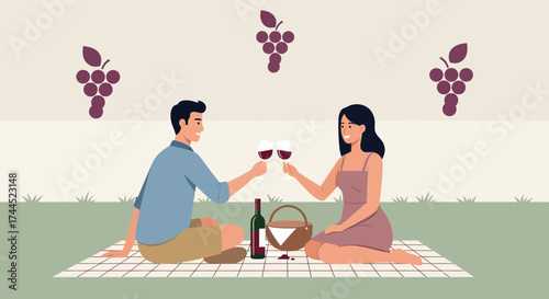 Couple enjoying a picnic with wine and grapes illustrations creating a lovely atmosphere