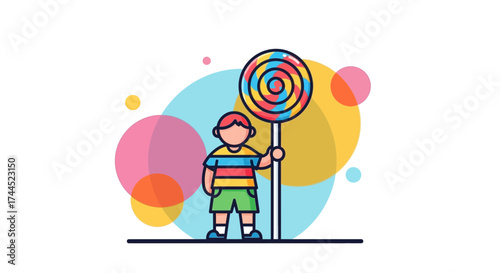 Creative Illustration Of A Boy Holding A Large Colorful Swirl Lollipop On White Background