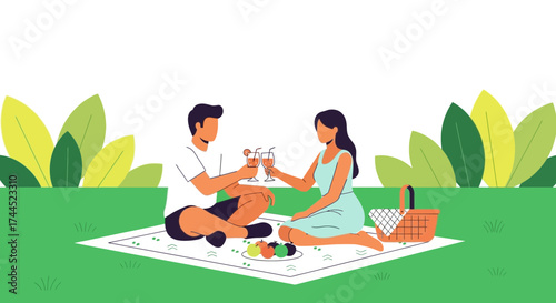 Couple enjoying drinks on a picnic in nature to celebrate their love and relationship