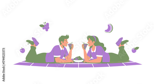 Couple enjoying grapes during a picnic on a mat, loving and beautiful illustration, vector