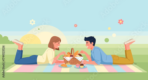 Couple Enjoying Picnic in Tranquil Park with Food Basket Illustration