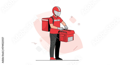 Courier With Red Uniform And Delivery Box Ready To Deliver Food Or Package Swiftly.