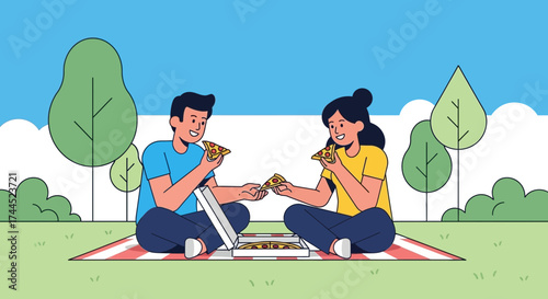 Couple Enjoying Pizza At A Park Picnic, Romantic Date On A Sunny Afternoon