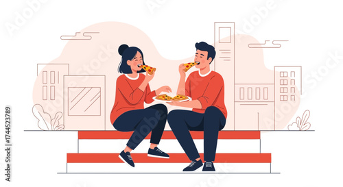Couple enjoying pizza together, cartoon illustration. City background and love concept