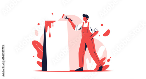 Creative Painter Using Paint Brush Painting On White Canvas And Making Art