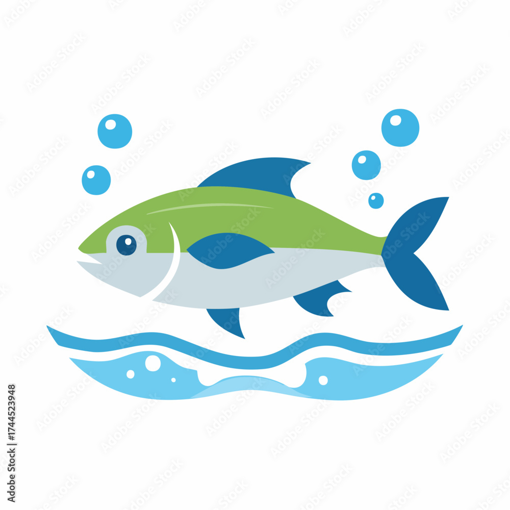 Fototapeta premium Blue and Green Fish Swimming in Ocean Waves with Bubbles, Isolated White Background.