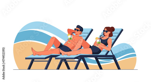 Couple Enjoying Refreshing Drinks While Sunbathing on Beach Lounge Chairs During Vacation