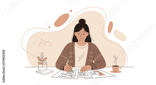 Creative Woman Working At Her Desk With Papers, Coffee And A Small Plant