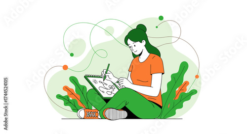 Creative Woman Sketching Ideas In A Notebook Surrounded By Plants And Abstract Designs