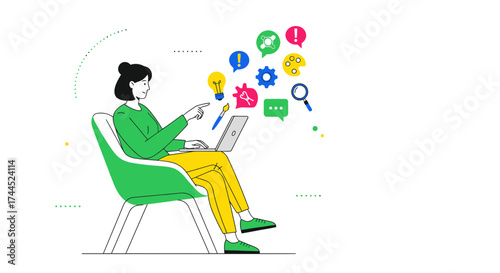 Creative Woman Working, Using Laptop, With Design Symbols and Innovative Concepts Visualized