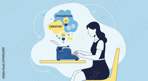 Creative Writer Generating New Ideas And Innovative Concepts Through Typewriter Usage Illustration