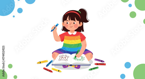 Creative Child Coloring a Book with Crayons While Sitting Joyfully Inside Frame