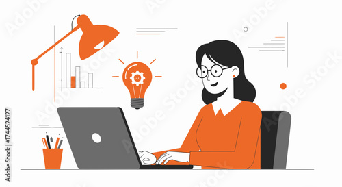 Creative Workspace: Illustrated Woman Working With Laptop, Generating New Ideas And Innovation