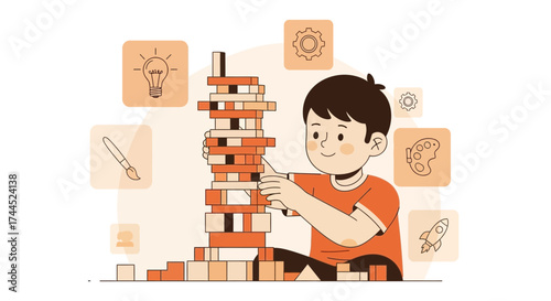 Creative Child Playing Wooden Block Tower, Fun Concept Of Ingenuity, Imagination And Innovation