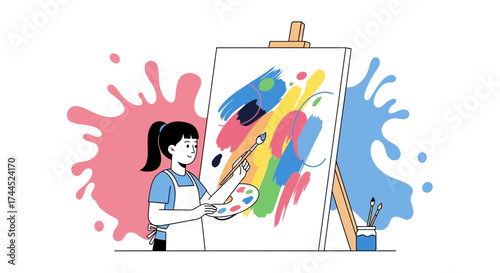 Creative young woman painting on canvas using a brush and colorful paint splashes