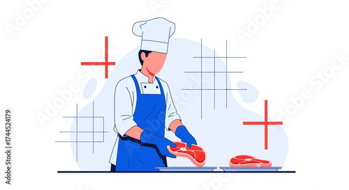 Culinary Artisan Demonstrates Steak Preparation In Contemporary Vector Illustration No Comma