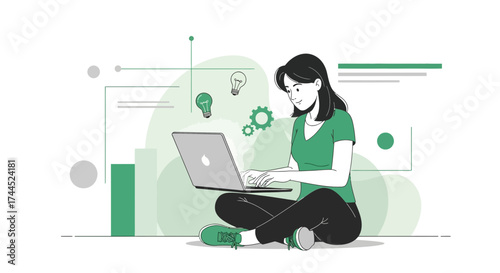 Creative Young Woman Working On Laptop Generating Fresh Business Ideas And Innovation