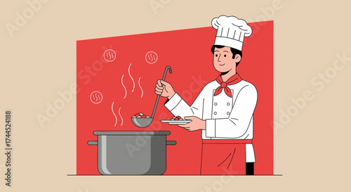 Culinary Artisan Showcasing Delicious Dish Preparing In Professional Kitchen Illustration