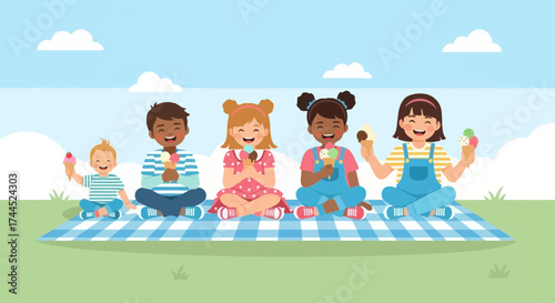 Delightful Children Enjoying Ice Creams Whilst Picnicking on a Sunny Summer Day