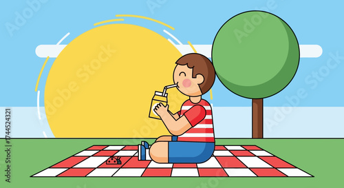 Cute cartoon child on a picnic drinking juice enjoying the summer day