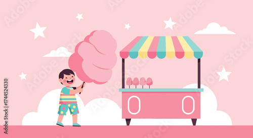 Cute Cartoon Illustration of a Boy with Cotton Candy and a Carnival Booth Display