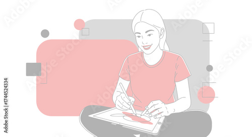 Creative Female Illustrator Designing On Tablet, Digital Art and Modern Workspace Concept