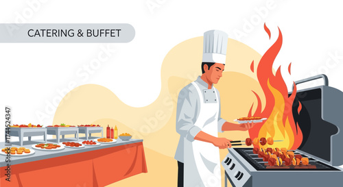 Culinary Chef Prepares Food At A Catering Buffet With Mouthwatering Grilling and Cooking