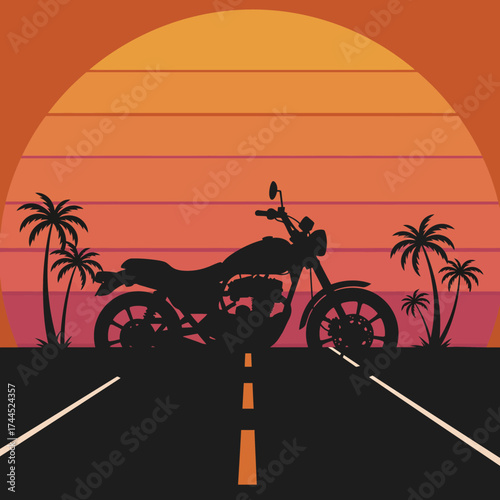 Retro Silhouette Motorcycle On Road with Palm Tree and Sunset Illustration