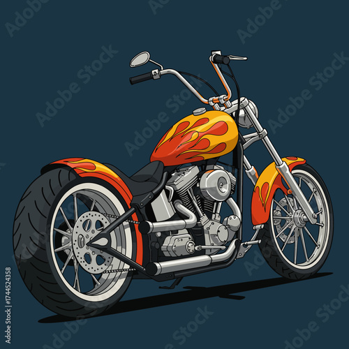 Detailed Cartoon Custom Motorcycle Illustration with Flames and Chrome Detailing