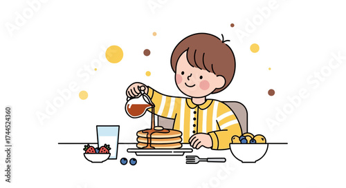 Cute child enjoying pancakes with syrup, milk, berries, and fruits for breakfast illustration