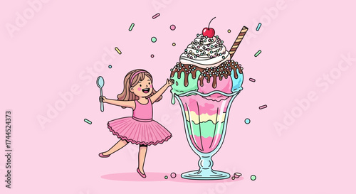 Cute girl delighted to eat a huge ice cream sundae, dessert illustration with cherry