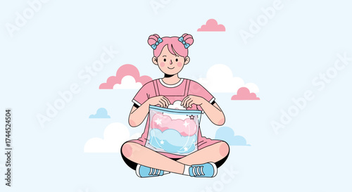 Cute Illustration of a Girl with Pink Hair holding dreamy design