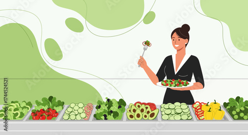 Culinary Portrait: Woman Serving A Fresh Salad, Vegetarian Eating Concept
