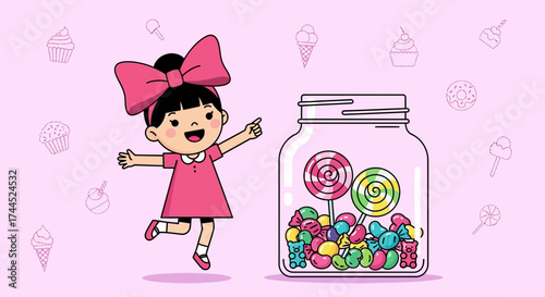 Cute Kid With A Big Bow Enjoying Candy Treats From A Glass Jar Illustration