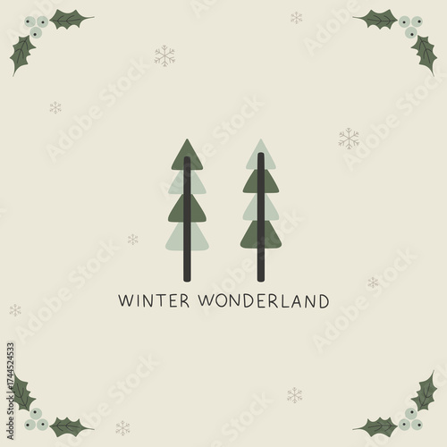 Christmas greeting card, Winter wonderland illustration with trees, snowflakes, and holly