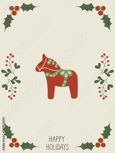 Christmas greeting card, Dala horse christmas greeting card with holly frame