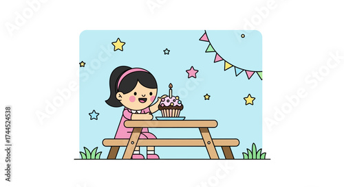 Cute Little Girl Celebrating Birthday With A Delicious Cupcake And Festive Decorations.