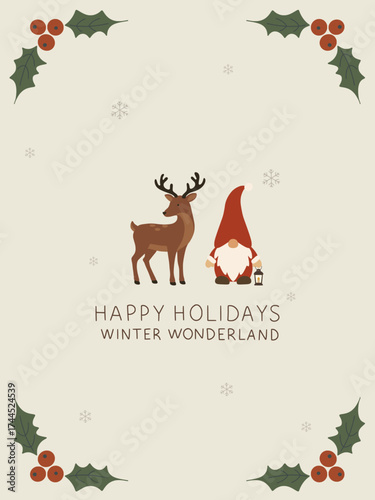 Christmas greeting card with festive gnome and reindeer