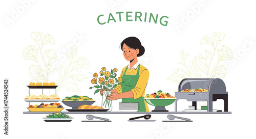Culinary Presentation: A Caterer Arranging Flowers Amongst Scrumptious Meal Selections