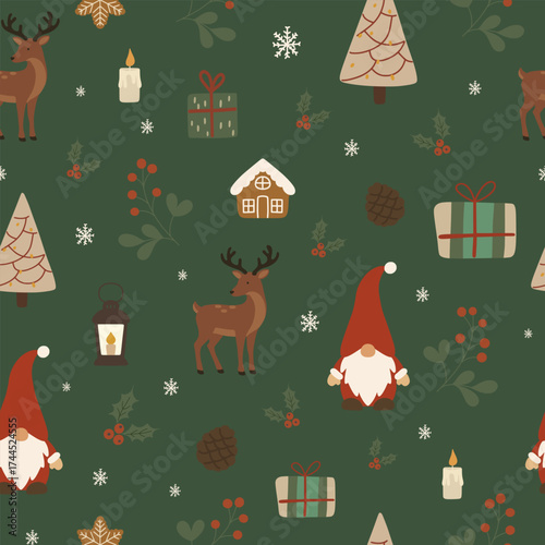 Christmas seamless pattern with gnomes, deer, and holiday elements