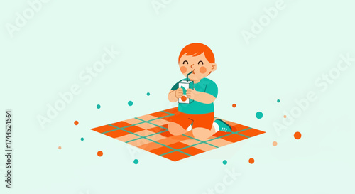 Cute little boy enjoying a drink on a picnic blanket in cartoon illustration