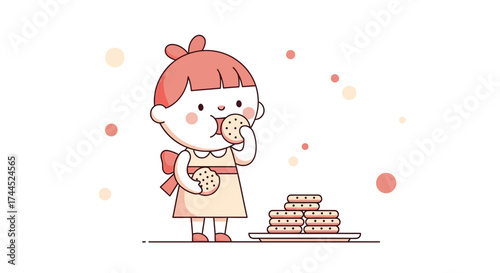 Cute Little Girl Enjoying Cookies, Whimsical Illustration In Minimalist Style.